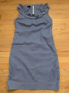 Talbots Size 2 Blue & White Gingham Preppy Ruffle Neckline Dress
